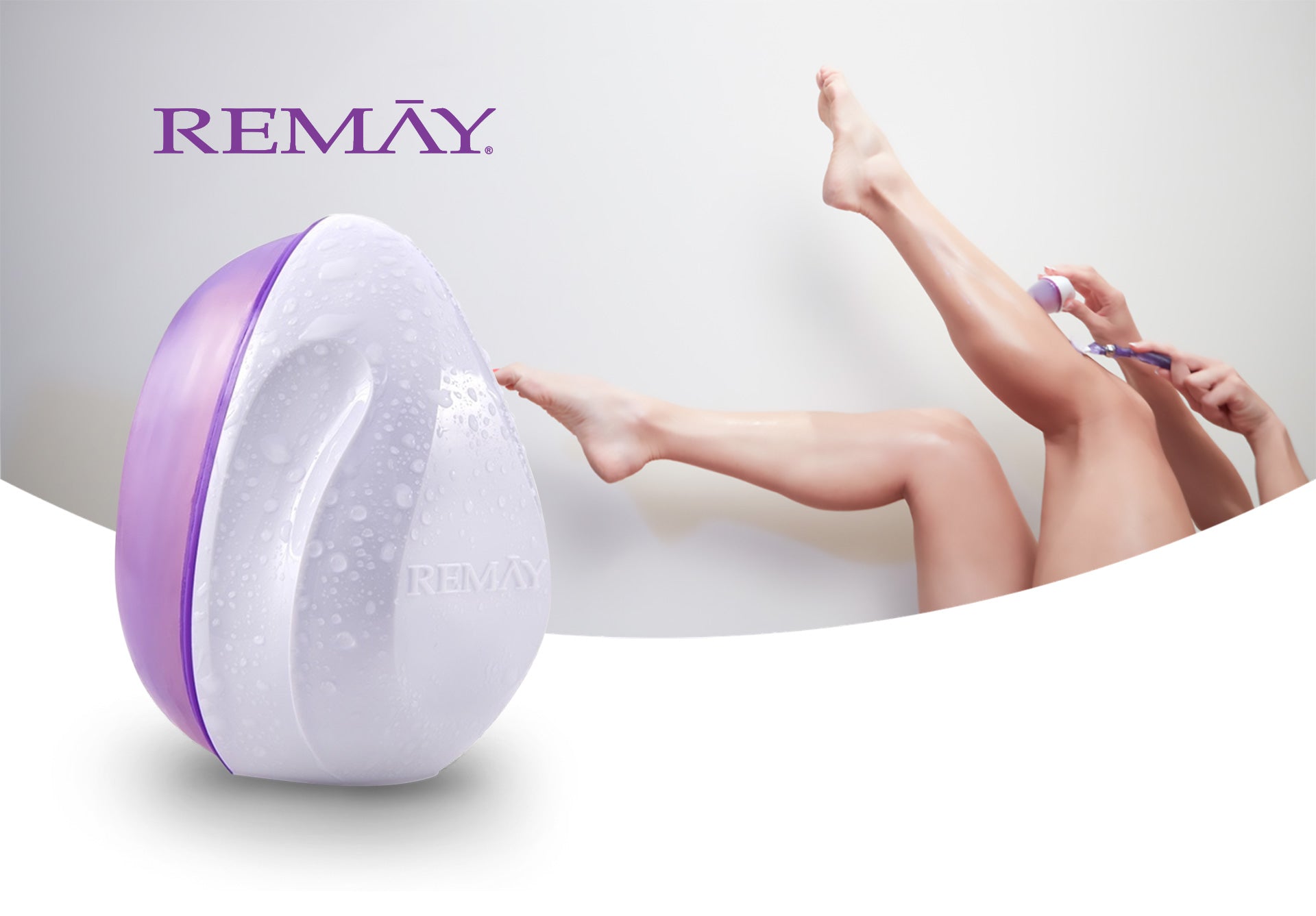 White and purple REMAY Shave gel Bar on the left with a lady shaving her legs on the right