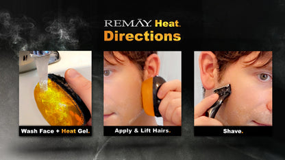 Directions on how to use REMAY Heat Shaving cream for men gel bar that reads "Wash face + Heat the gel under water. Apply and lift hairs. Then Shave". This is demonstrated on a mans face.