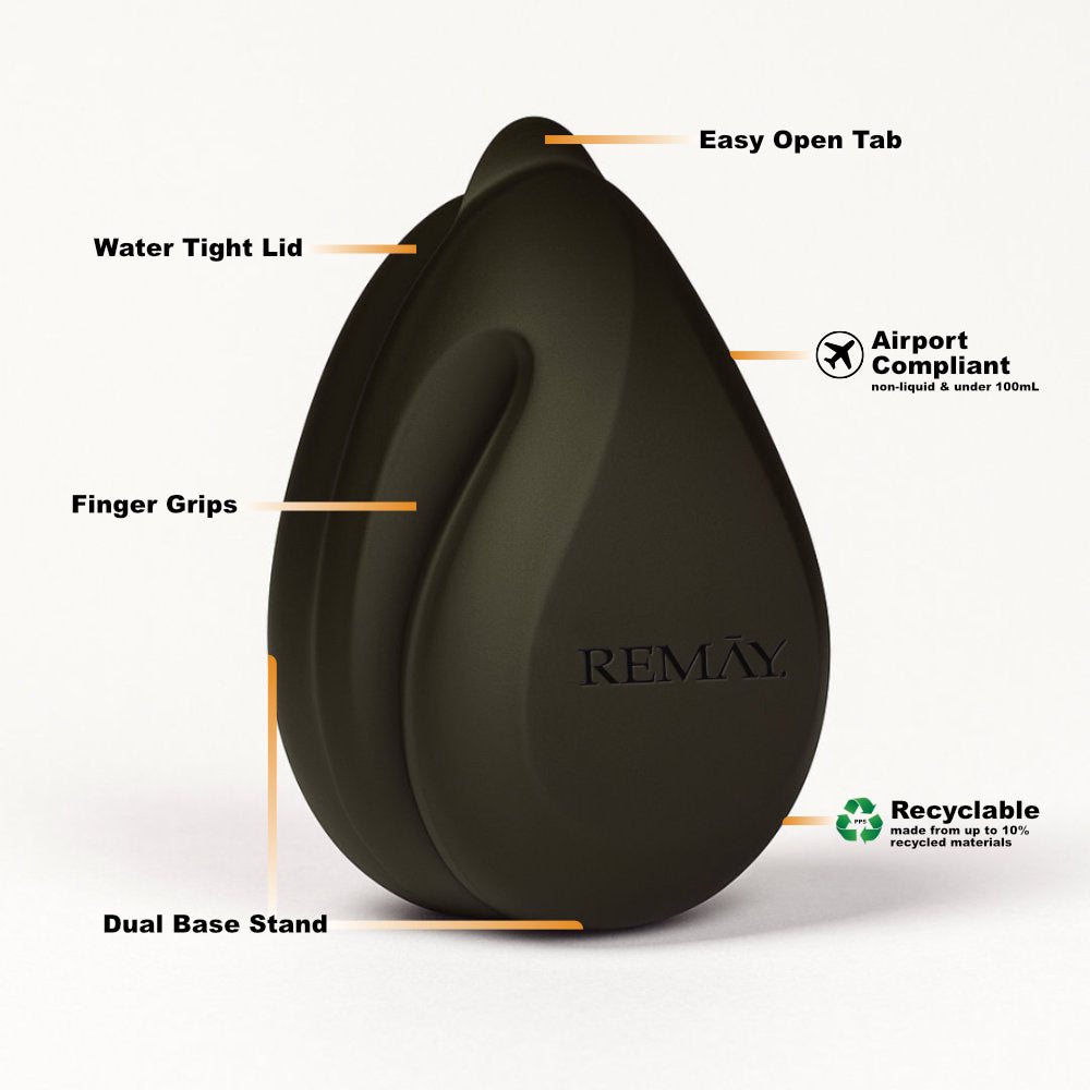 Black REMAY Heat Shave Gel Bar on a white background explaining features such as a dual base stand, ginder grips, water tight lid, an easy open tab, TSA Airport Compliant because it is not a liquid and it is under 100mL, that it is recyclable and made from up to 10% recycled materials.