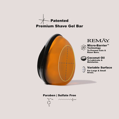 Orange and black REMAY shave gel bar with REMAY branding on a light beige background explaining that it is a patented, premium shave gel with micro barrier technology to prevent cuts and razor burn. It contains coconut oil to lubricate and moisturize. It has a variable surface area to fit large and small areas. And that it is Paraben and Sulfate free.