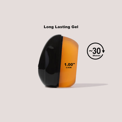 REMAY Heat Shaving cream bar for men with on a light gray background with text that reads "Long lasting gel" with 1 Inch thickness that lasts approximately 30 shaves.