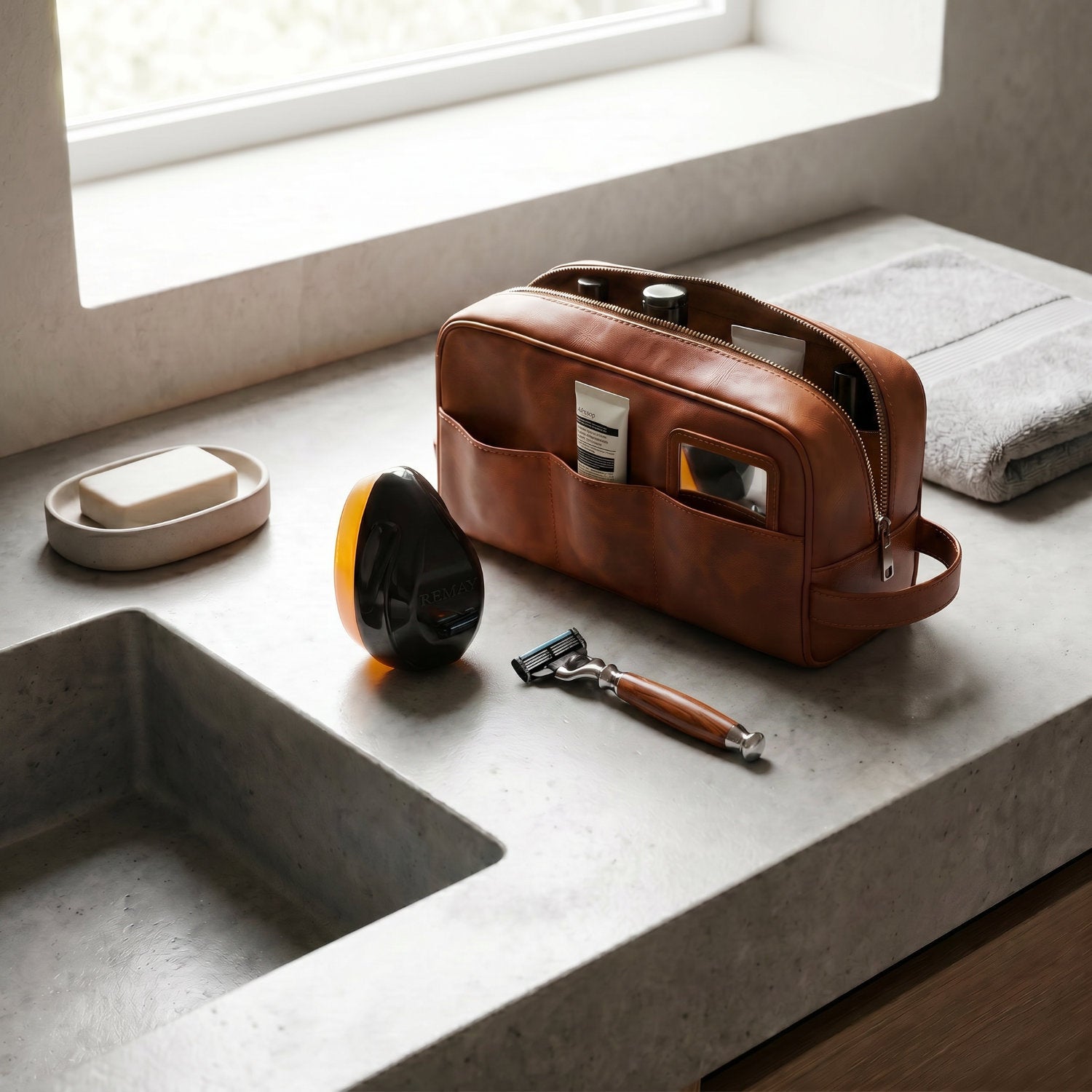 REMAY Heat shaving gel on a counter top next to a razor and a leather shaving kit.