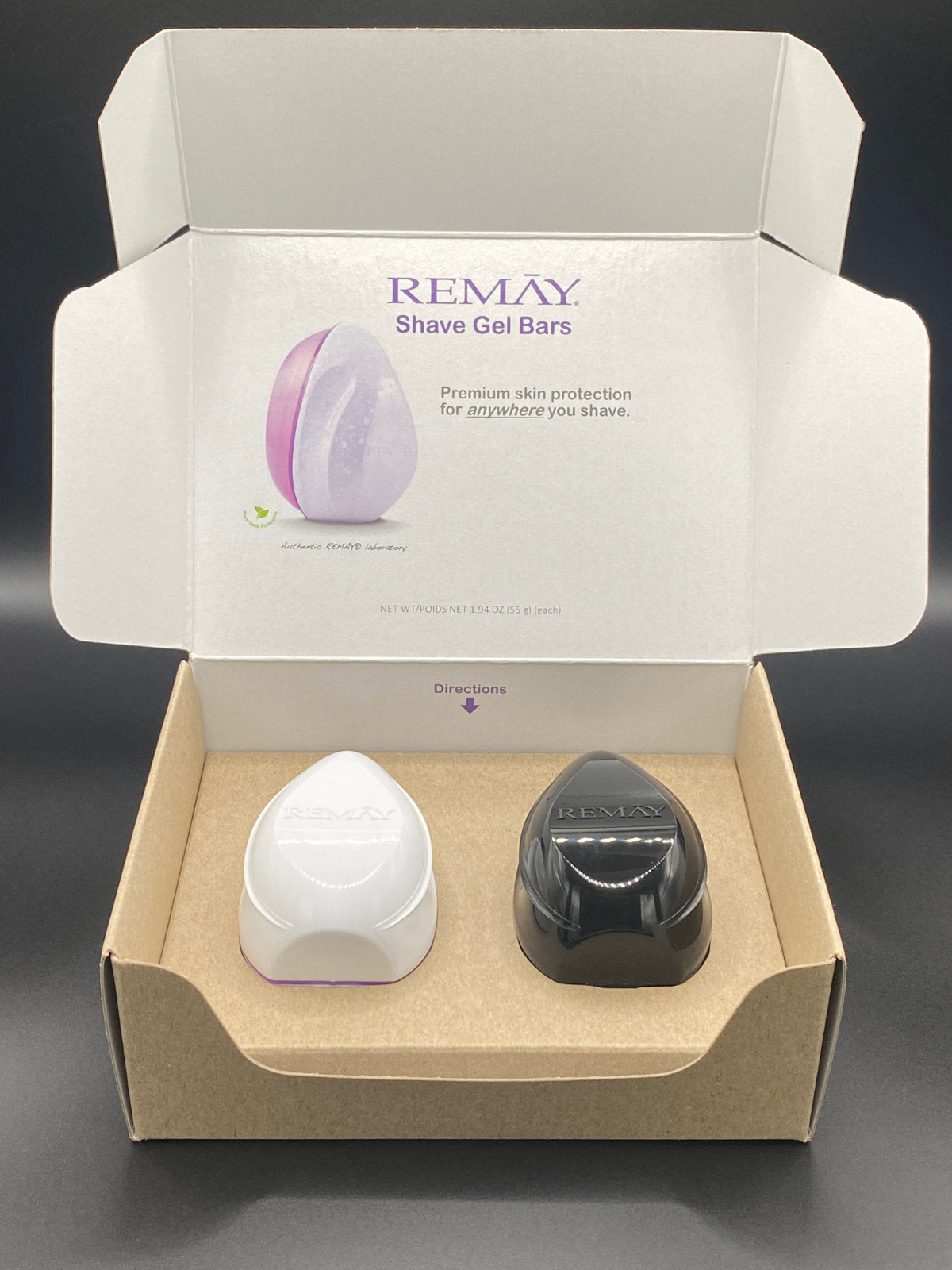 Two shave gel bars (Glide Shave & Heat) in a box with REMAY branding on a gray background. Shaving subscription.