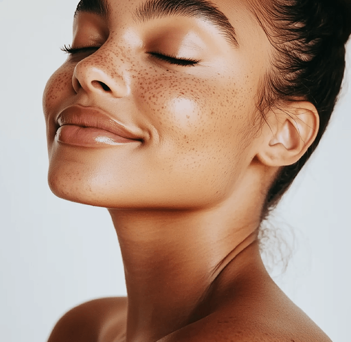 Close-up of a woman's face with a soft focus on her skin texture after using REMAY shaving cream.