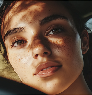 Close-up of a person with freckles looking directly at the camera.