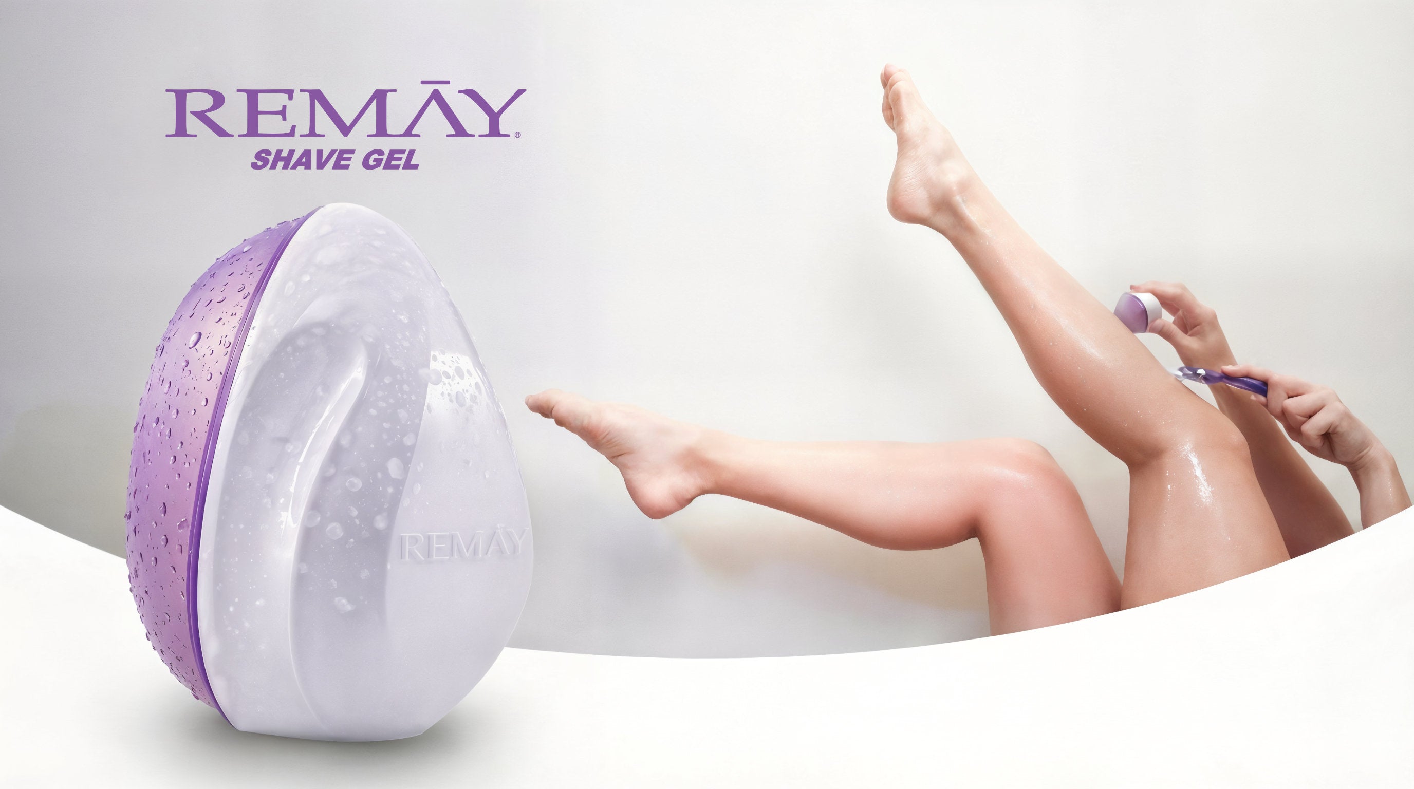 REMAY shaving cream for woman with a female shaving her legs on a white background with the shave gel bar.
